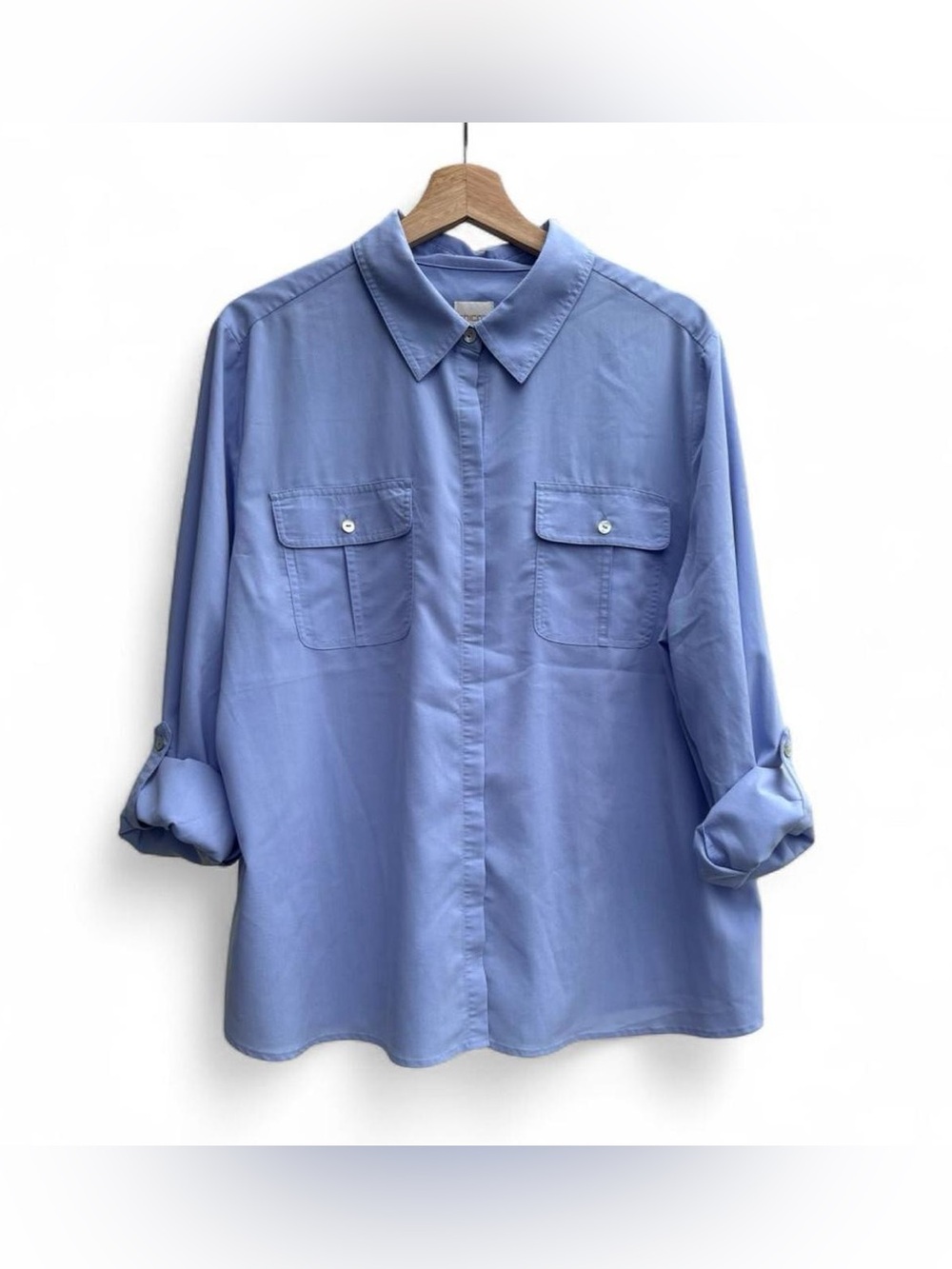 Chico's Relaxed Periwinkle Button-Down Sz 3 XL Roll Up Sleeve Basic Flowy Casual